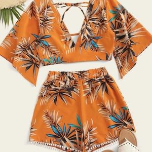 Tie Back Tropical Print Top & Shorts